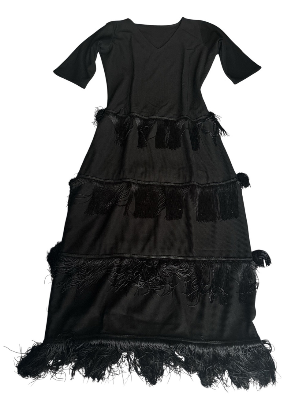 Black V-Neck Fringe layered 3/4 sleeves Elegant handmade  Maxi Dress Sz Medium